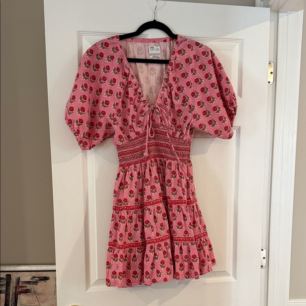 Saylor NYC Greyson Pink Dress with Floral Design and Puff Sleeves